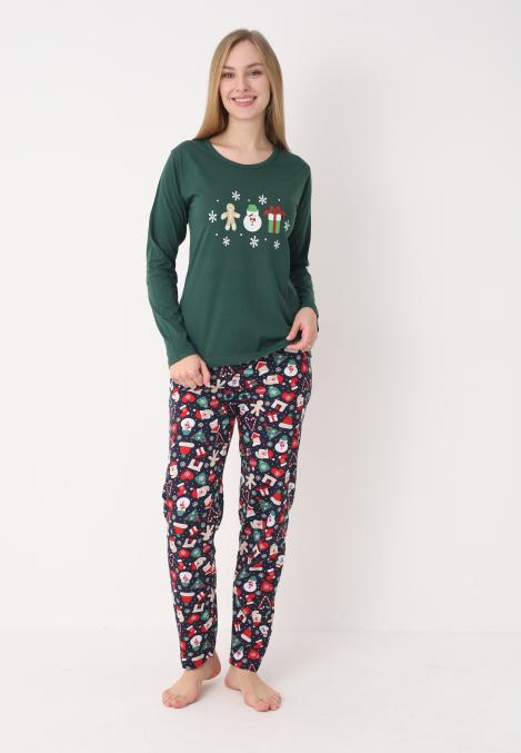 Pijama dama Craciun,maneca lunga si pantaloni lungi,imprimeu figurine festive, En-gros